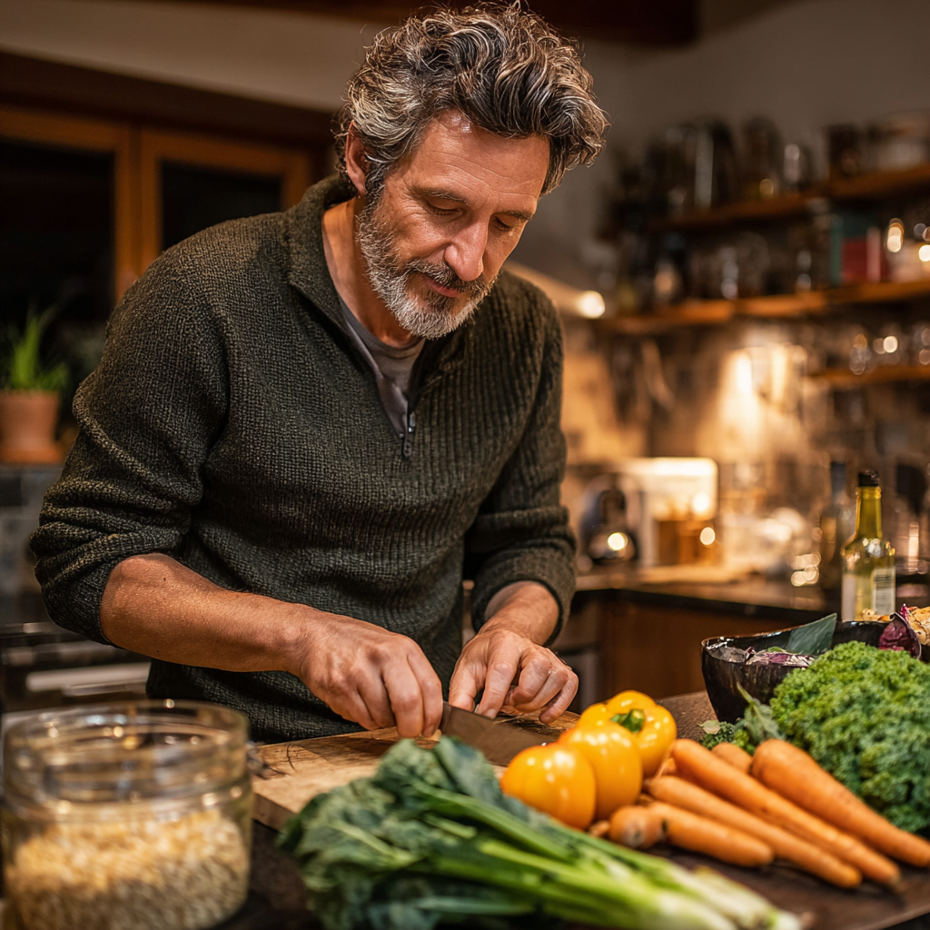 Active mature man around 48 years old doing meal prep with fresh vegetables and grains in kitchen, looking energized and focused on healthy lifestyle