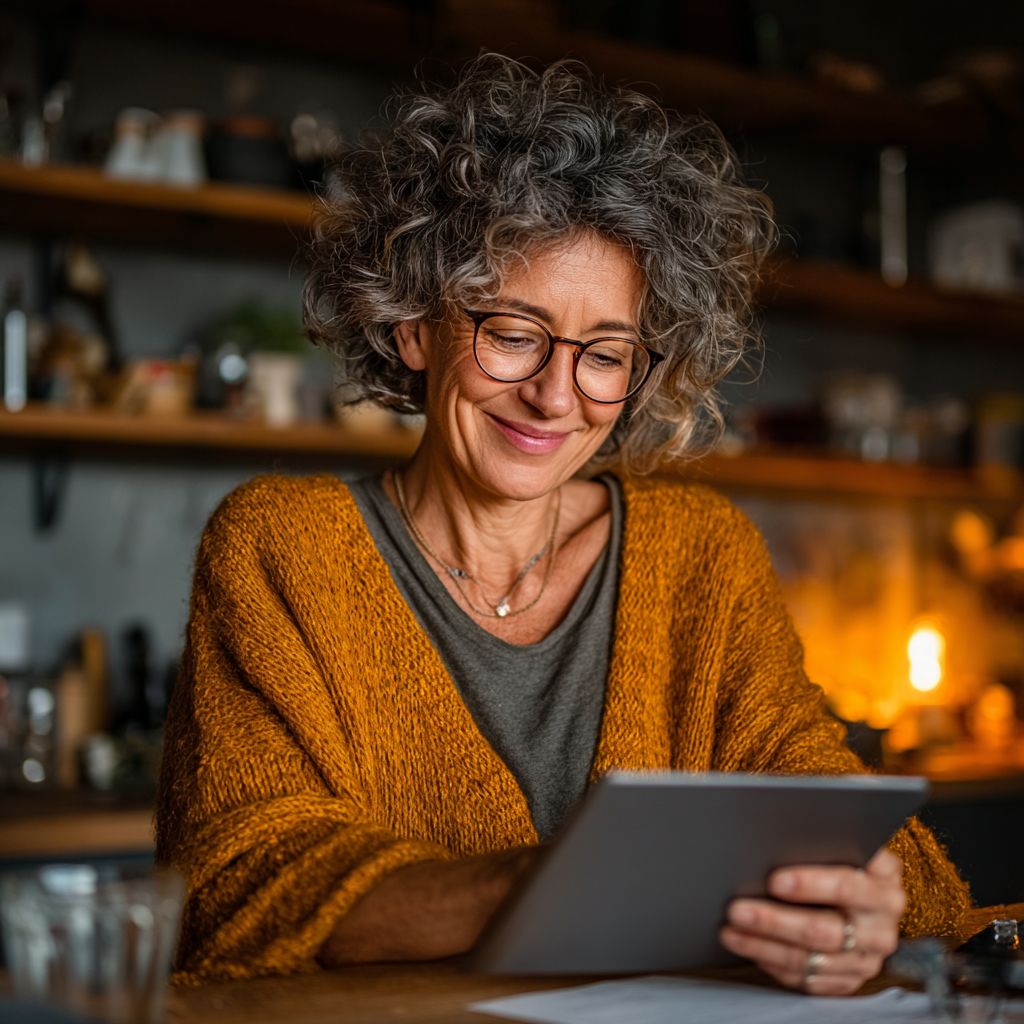 Confident woman around 50 years old reviewing personalized meal plan on tablet in cozy home office, looking satisfied and healthy