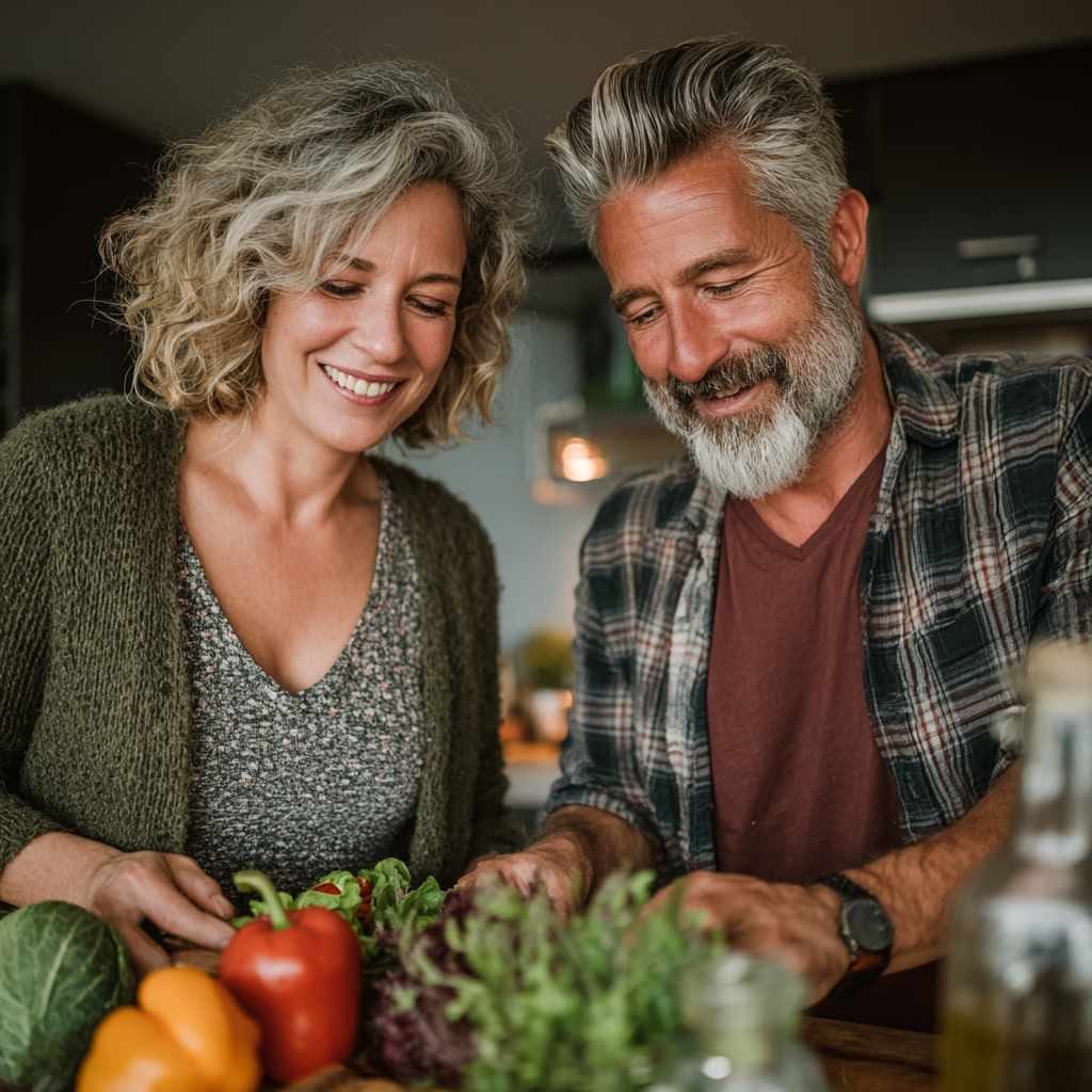 Smiling mature couple aged 45-50 preparing healthy colorful salad together in modern bright kitchen, showing joy and wellness